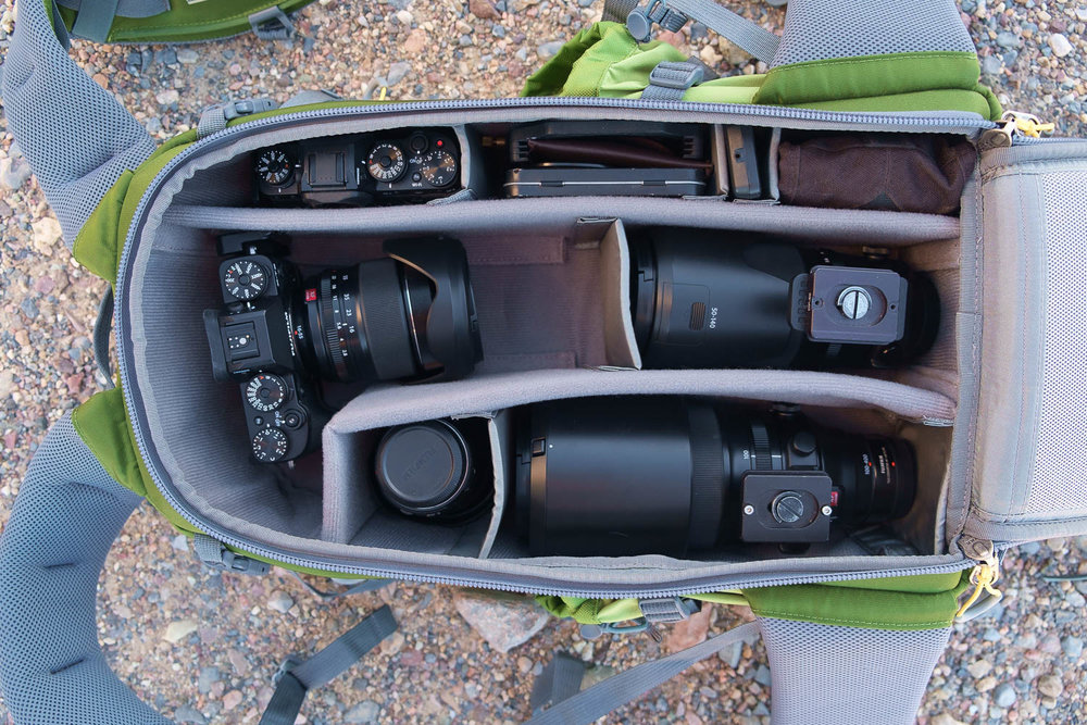 My typical setup with extra room left to stow away the camera even with my largest lens attached.