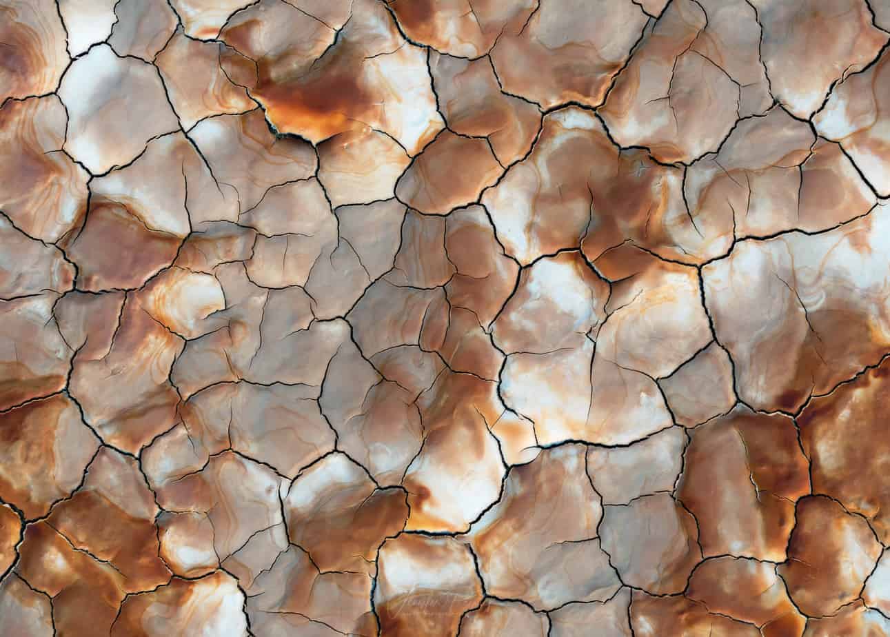 Colors swirl to create a pattern in some smooth mud cracks.